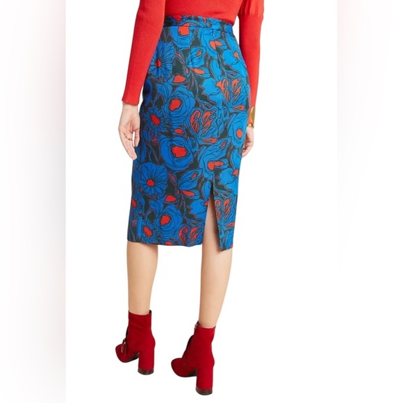 Anthropologie Blue & Red Poppy Knee-Length lined Pencil Skirt back Slit size 4 - Picture 3 of 11